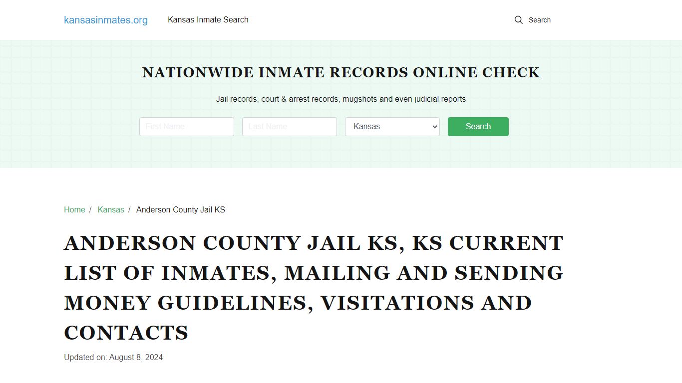 Anderson County Jail KS, KS: Offender Locator, Visitation & Contact Info